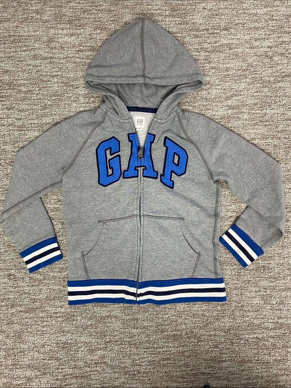 GAP kids Gray Hoodie with Blue Lettering and Stripe Trim